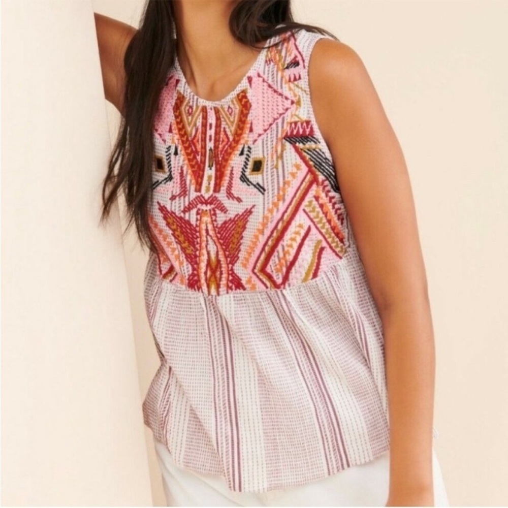 Anthropologie Dolan Left Coast Velia Embroidered Baby Doll Tank Maroon White M